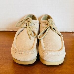 Clarks Collection Padmora Women Beige Suede Moc Toe Shoes.
